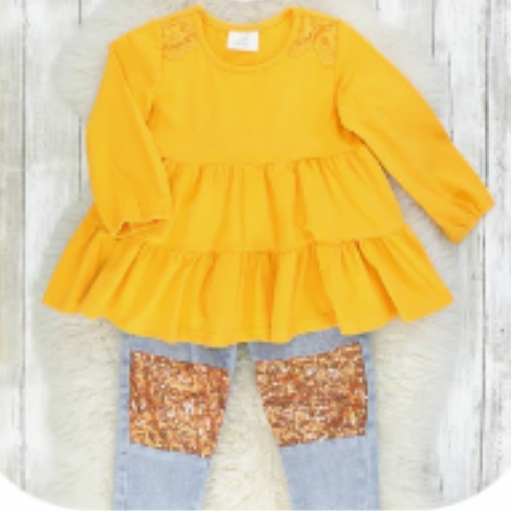 Mustard Yellow Lace Long Sleeve Top with Distressed Sequins Patchwork Jeans